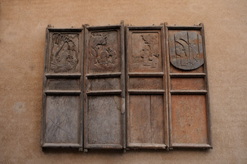 Traditional Chinese Residences interior wooden door with painting carving in Tianshui Folk Arts Museum Hu Shi folk house, Gansu China
