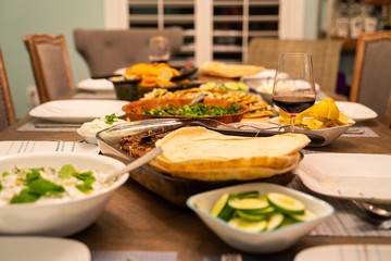Some lebanese food like salads or flat bread with goat cheese