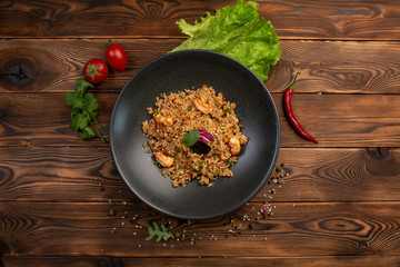 ebi chahan fried japanese rice with vegetables, shrimp and soy sauce