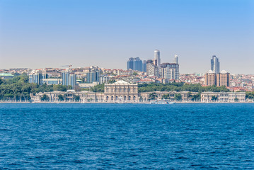 Istanbul, Turkey, 29 June 2019: Dolmabahce Palace and Towers, Bosphorus.