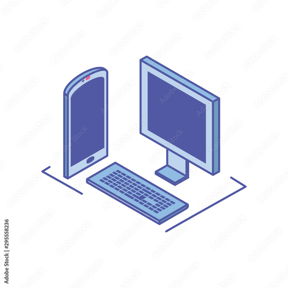 Poster desktop computer screen with keyboard and smartphone