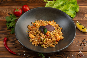 ebi chahan fried japanese rice with vegetables, shrimp and soy sauce