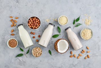 Assortment of  bottles with vegan milk