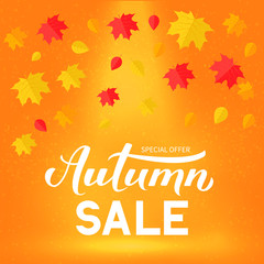 Autumn Sale calligraphy hand lettering with colorful fall leaves. Seasonal discount promotion banner. Easy to edit vector template for advertising poster, flyer, card, tag, label, etc.