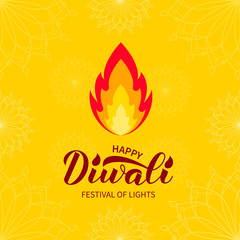 Happy Diwali calligraphy hand lettering with fire. Traditional Indian festival of lights typography poster. Easy to edit vector template for banner, flyer, sticker, postcard, greeting card.