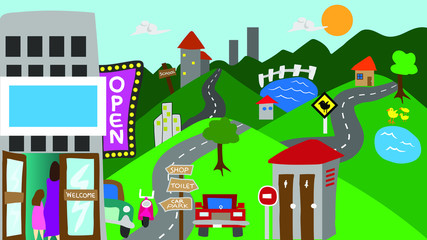 Fototapeta premium The cartoon picture of the country town landscape in the children flat art style.