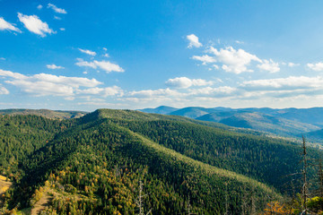 Beautiful mountain landscape, with mountain peaks covered with forest and a cloudy sky. Ukraine mountains, Europe