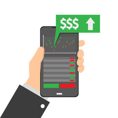 trading on the phone in hand vector flat