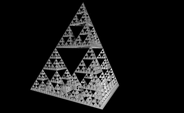 Sierpinski triangle on black background. It is a fractal with the overall shape of an equilateral triangle, subdivided recursively into smaller equilateral triangles. 3D Illustration