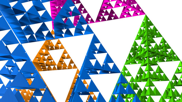 Blue Sierpinski triangle close-up on white background. It is a fractal with the overall shape of an equilateral triangle, subdivided recursively into smaller equilateral triangles. 3D Illustration
