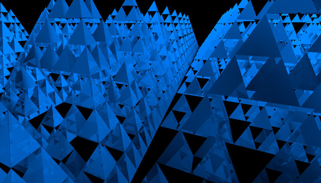 Sierpinski triangle texture on black background. It is a fractal with the overall shape of an equilateral triangle, subdivided recursively into smaller equilateral triangles. 3D Illustration