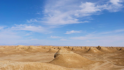Beautiful landscape view of Yardang landform and sunny blue sky in Dunhuang Gansu China