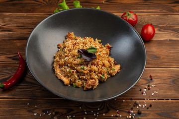 tori tyahan fried Japanese rice with vegetables and chicken in soy sauce