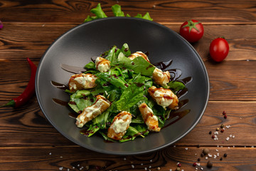 ebi wasabi tiger prawns in batter with fresh spinach and spicy sweet milko wasabi sauce