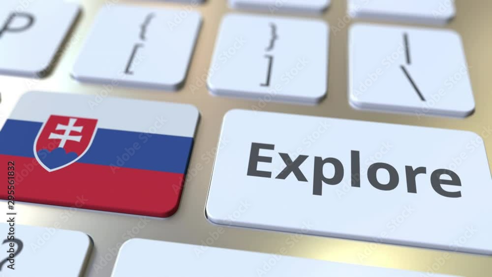 Poster explore word and national flag of slovakia on the buttons of the keyboard. 3d animation