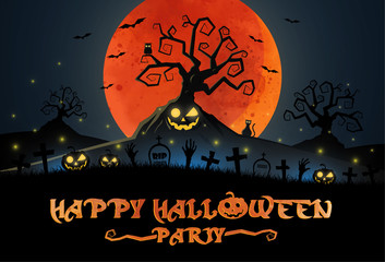 flat design Halloween background with graveyard and house. Vector, illustration.