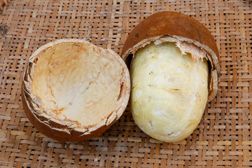 Cupuacu fruit with broken shell and whole flesh