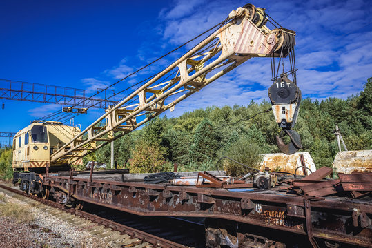 Railway crane o Yaniv station near Prypiat abandoned city, Ukraine