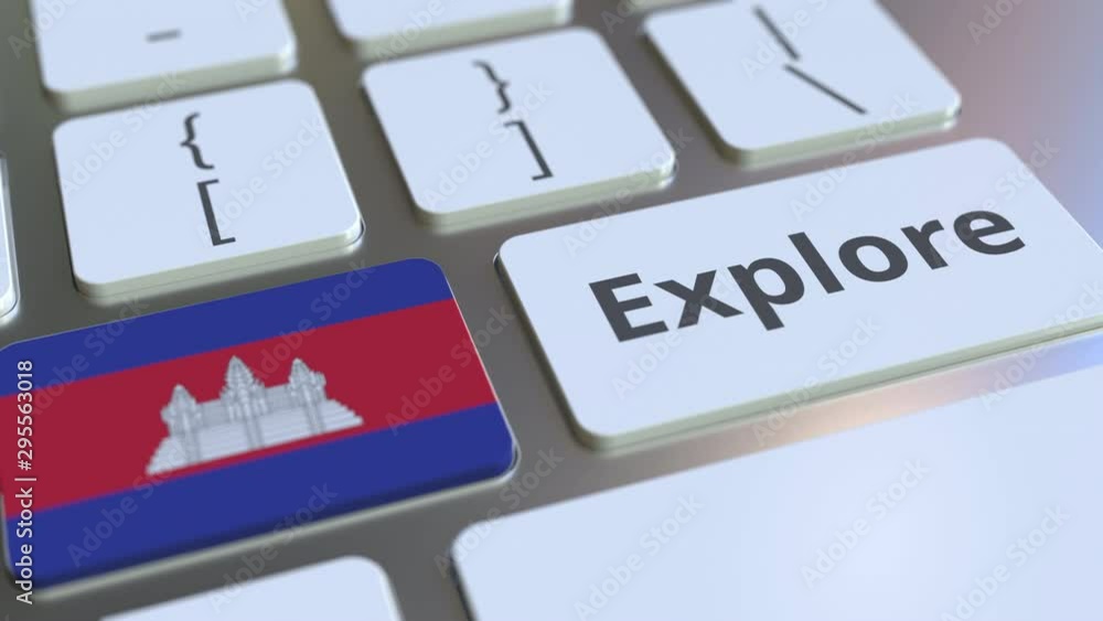 Poster explore word and national flag of cambodia on the buttons of the keyboard. 3d animation
