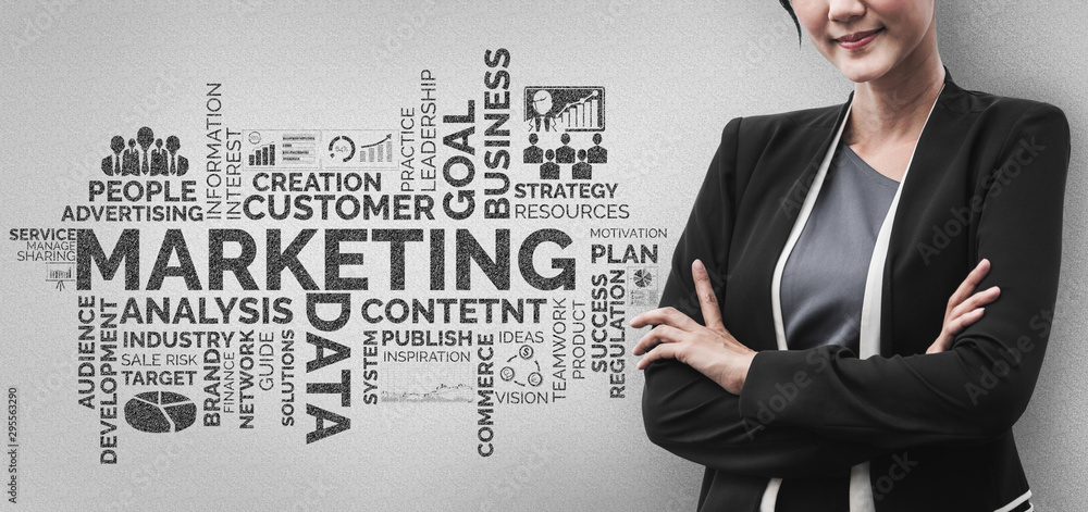 Poster digital marketing technology solution for online business concept - graphic interface showing analyt