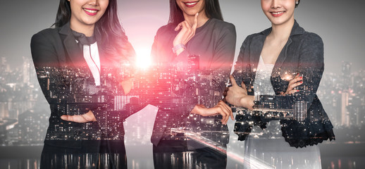 Double exposure image of many business people conference group meeting on city office building in...