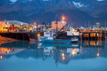 Seward Boat Harbor and waterfront at night, Seward, Kenai Peninsula, Alaska, AK, USA.