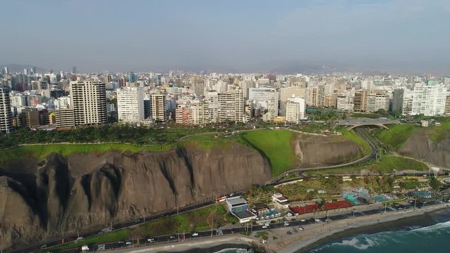 LEFT PANNING Aerial view of Miraflores district in Lima, Peru