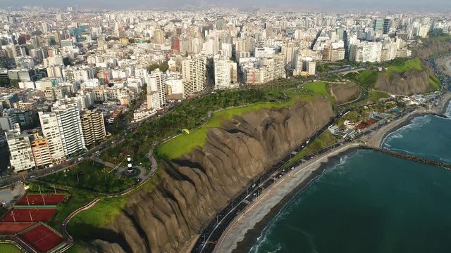 RIGHT ORBIT Aerial view of Miraflores district in Lima, Peru