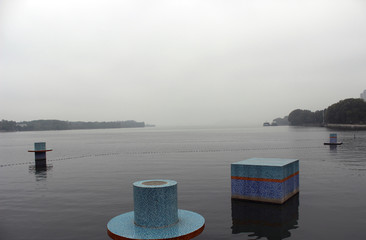 River view with abstract shapes on foreground