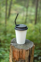 paper Cup for hot drinks with a straw on a natural background