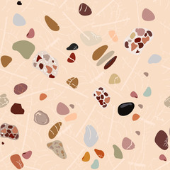 Abstract composition. Terrazzo flooring vector brown seamless pattern