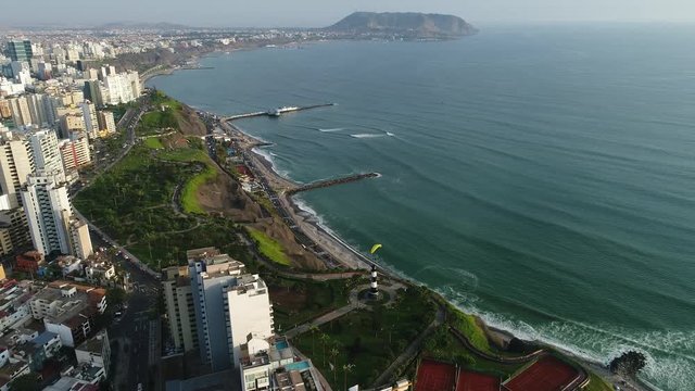 RIGHT ORBIT Aerial view of Miraflores district in Lima, Peru