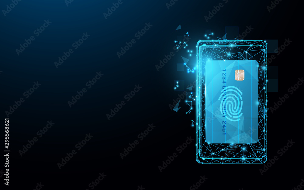 Aufkleber smartphone with credit card from lines, triangles and particle style design. mobile and digital paym