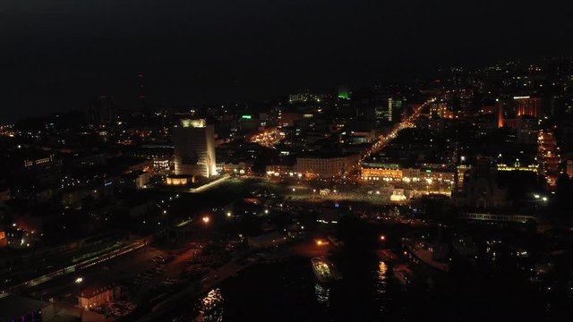 Aerial view of the night landscape of Vladivostok, Russia.