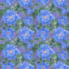 Fototapeta na wymiar watercolor stylized blue dog roses seamless pattern on cobalt background