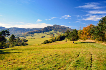 Autumn mountains landscape. Trees on a  slope  with dry grass and wooded mountains under blue sky with white clouds, Low Beskids (Beskid Niski)