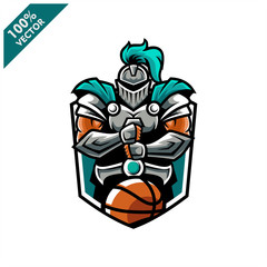 Vector sport logo, Spartan illustration and basketball on shield background. Logo for sport club or team. Vector illustration