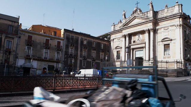View of the San Biagio church and the Roman ruins in Stesicoro square, Catania