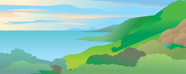 Fototapeta na wymiar Tropical landscape and sea bay on a cloudy sky. vector illustration background