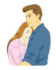 Young love couple. woman hugging man with tender love expression. vector illustration isolated cartoon hand drawn