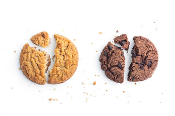 homemade chocolate chips cookies and butter cookie on white background in top view