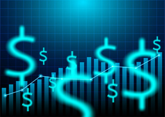 Finance Stock market. Candle stick graph chart of stock market investment trading .dollar signs on blue background. Vector. illustration.