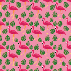 flamingo with monstera leaf seamless pattern vector illustration background 
