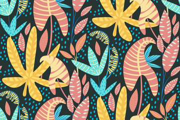 Kleurrijk tropisch naadloos bloemenpatroon. Mooie print met handgetekende exotische planten. Mode, stof en prints allemaal op de stijlvolle donkerblauwe achtergrond. Vector illustratie.
