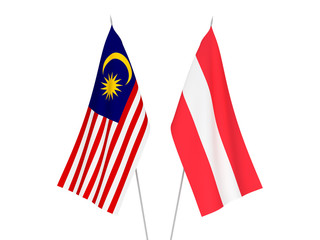 National fabric flags of Austria and Malaysia isolated on white background. 3d rendering illustration.
