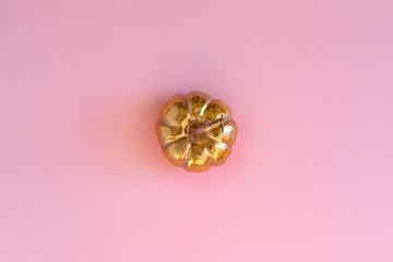 Golden Pumpkin On Pink Background , Ornament For Thanksgiving. Flat Lay.