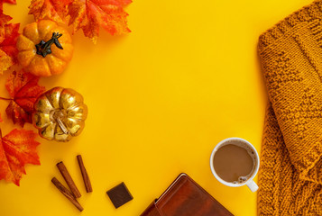 Two Pumpkin With A Leafs Maple, Coffee And Scarf On Yellow Background , Ornament For Thanksgiving. Flat Lay.