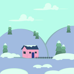 house on the hill. winter day. flat design illustration