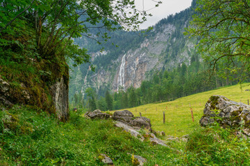 A green mountain meadow with a waterfall in the background - 295574614