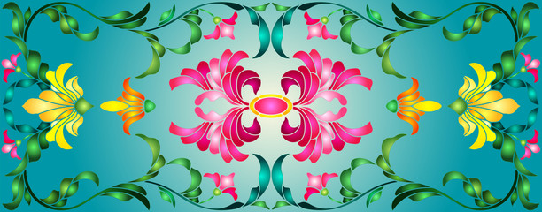 Fototapeta na wymiar Illustration in stained glass style with abstract swirls,flowers and leaves on a cyan e background,horizontal orientation